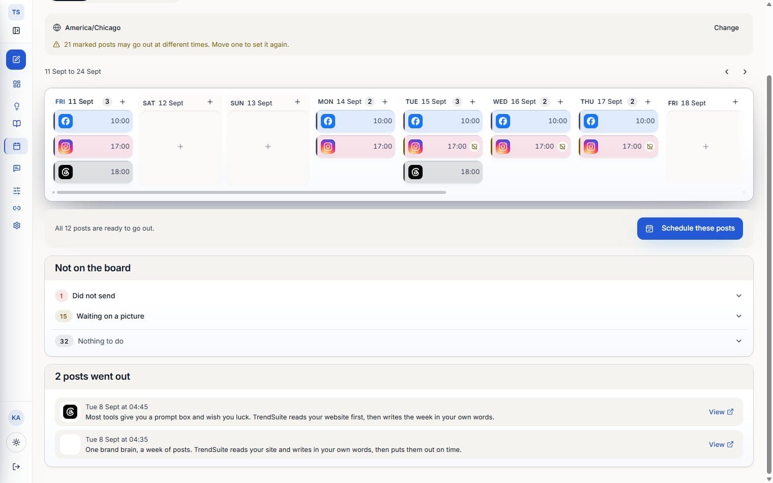 A content plan's posting schedule laid out by day, time and platform, with the brand switcher and per-brand allowance visible in the sidebar.