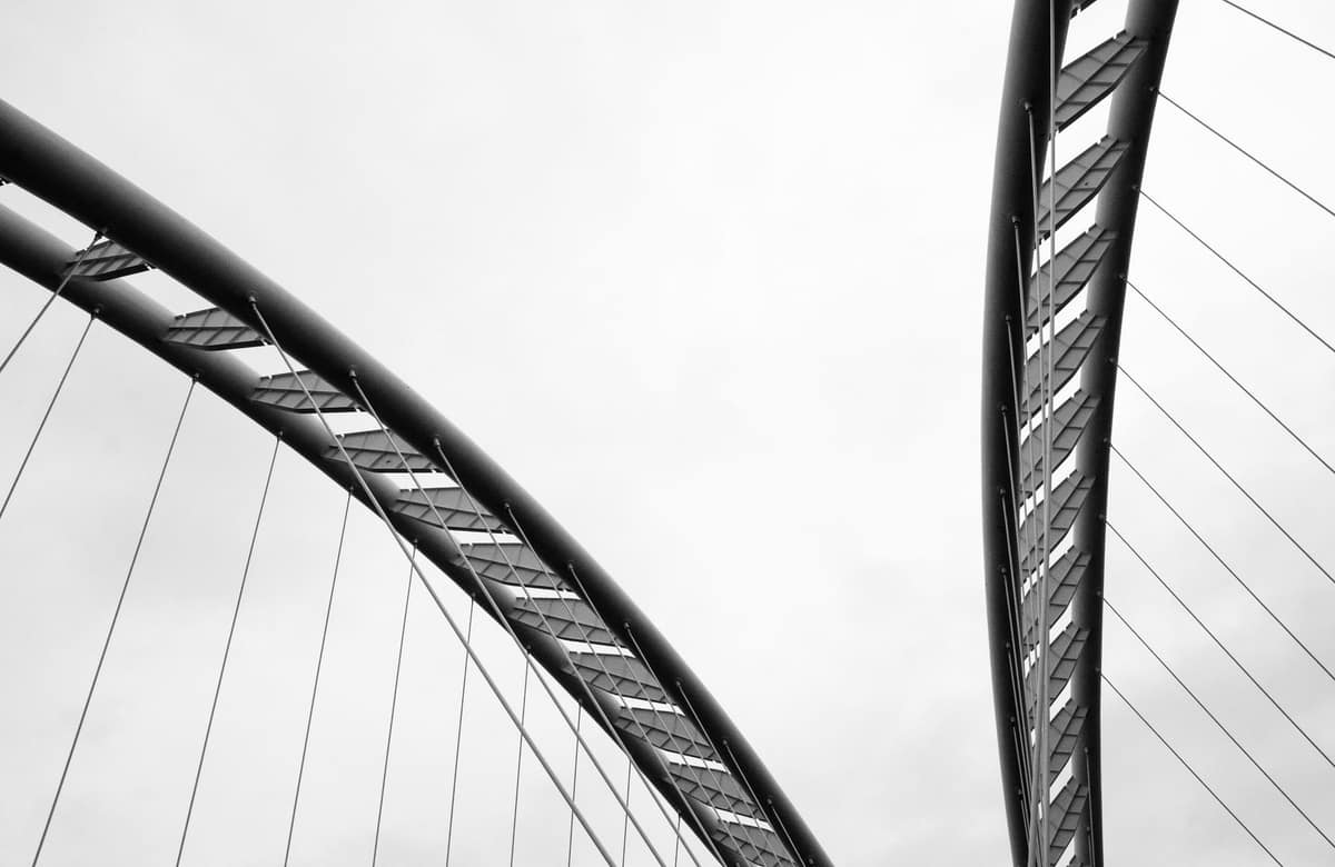 Artistic black and white view of a modern bridge's unique architectural design.